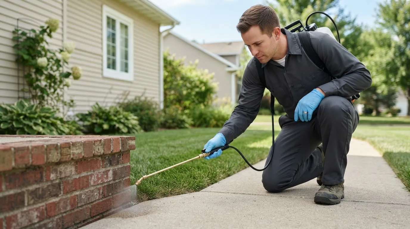 Pest control technician treating a home near Pawnee Rock, KS